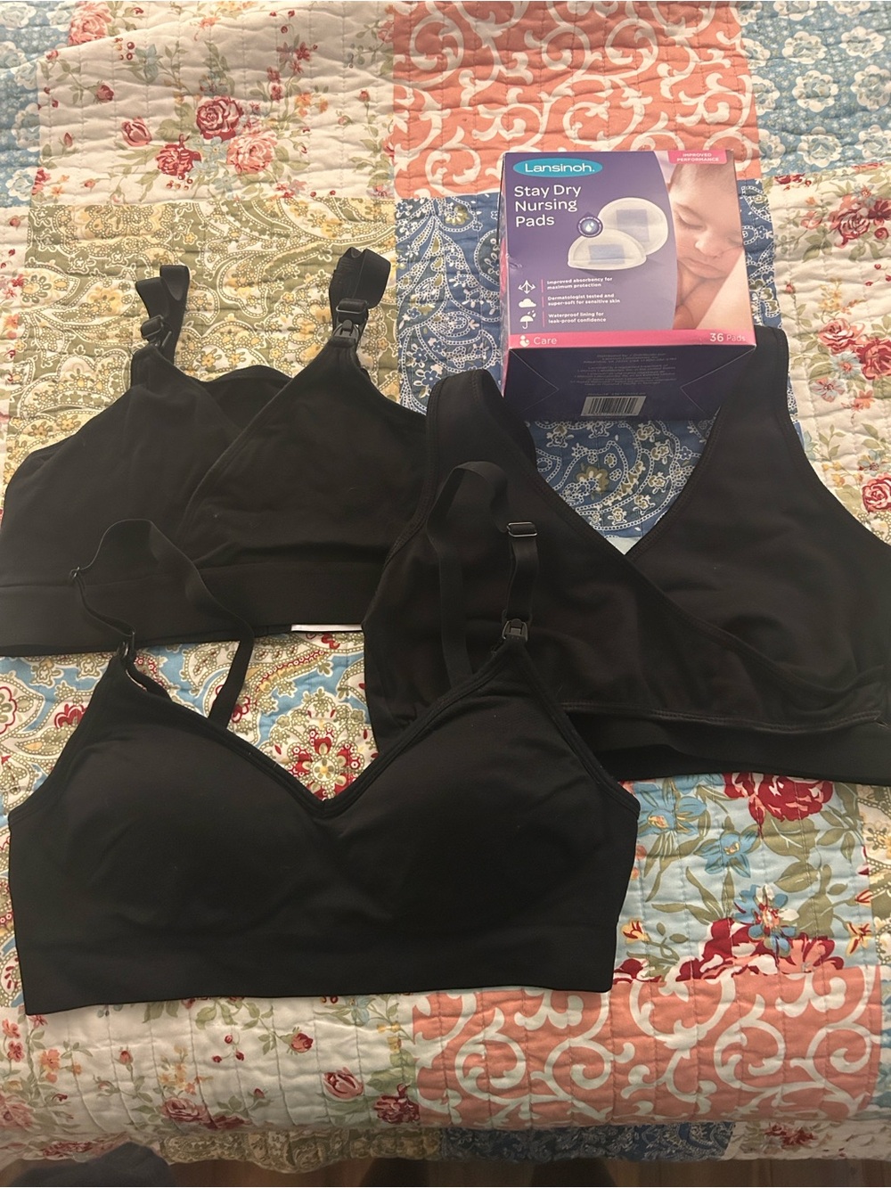Set of three nursing bras, size medium, and NWT disposable nursing pads